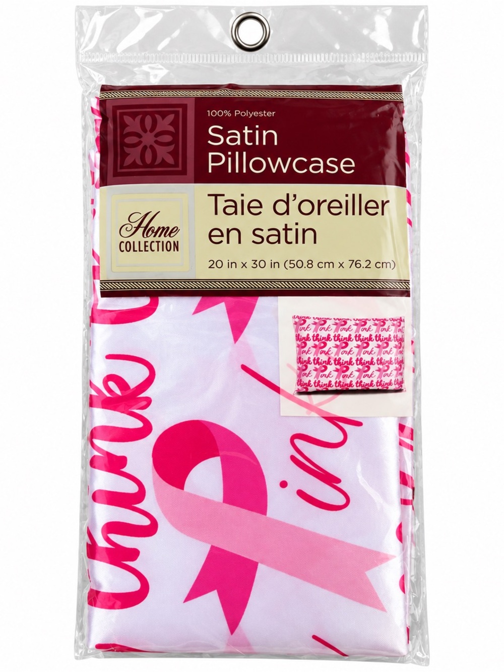 Think Pink Breast Cancer Awareness Satin Pillowcase 20x30 New